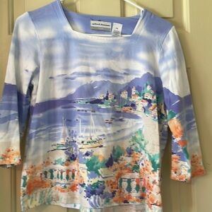 Alfred Dunner Women’s Petite Small Knit Beach Scene 3/4 Length Sleeve Shirt